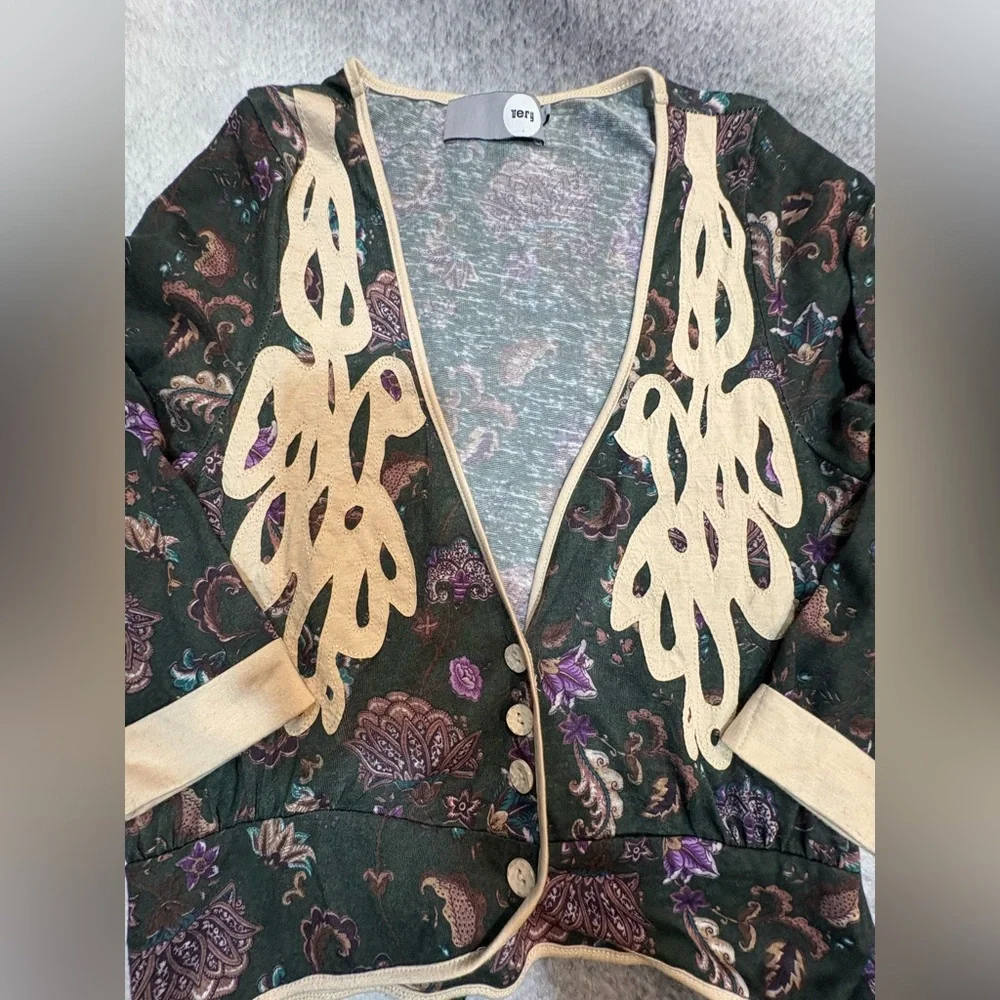 Very Co Green Cream Paisley Tie Back Thin Cardigan Top 1 Small Medium‎ M